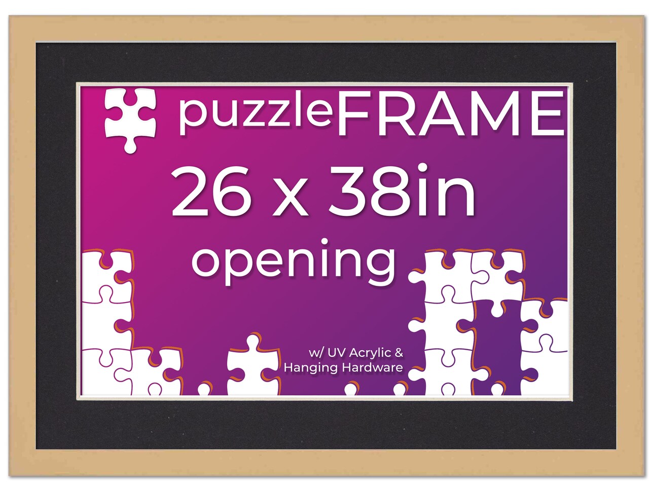 Natural Wood Puzzle Frame Kit with Glue Sheets, Black Mat, Backing, UV Acrylic - Available in 20 Popular Sizes